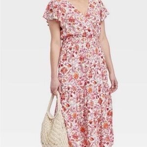 Floral Midi Dress in White with Pink, Coral and Orange Print
